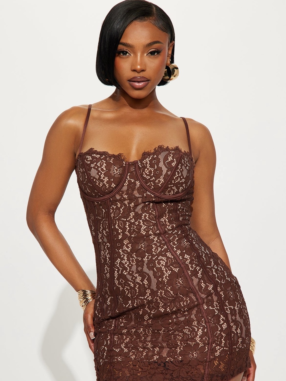 Fashion Nova Brown Lace Underwire Bodycon Mini Dress